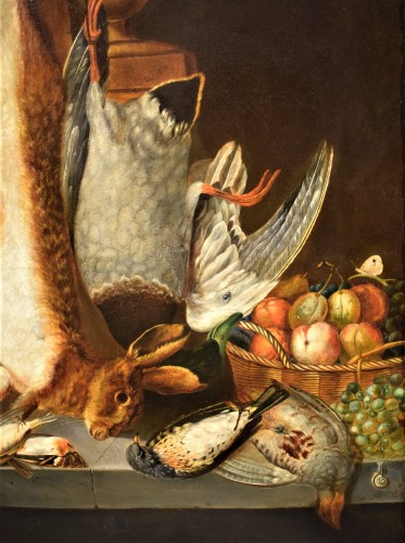 Tableaux et dessins Tableaux XVIIIe siècle - Jean-Baptiste Oudry "Nature Morte de gibier avec corbeille de fruits"